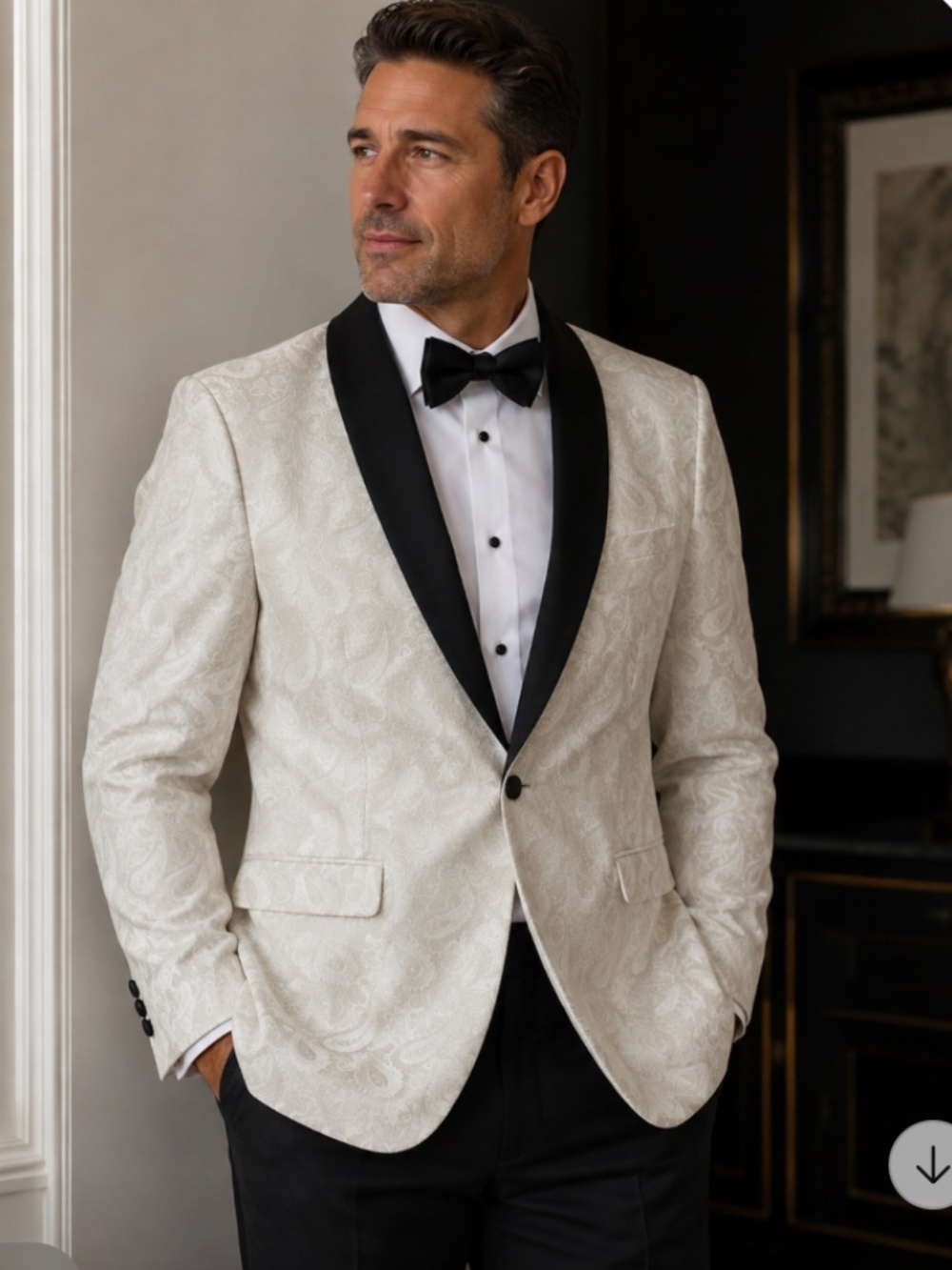 Cream Paisley Tuxedo Jacket with Black Shawl Lapel
